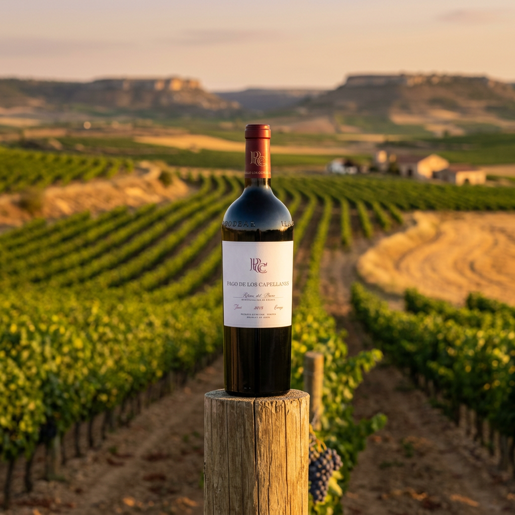 Pago de los Capellanes Crianza bottle overlooking Ribera del Duero vineyards