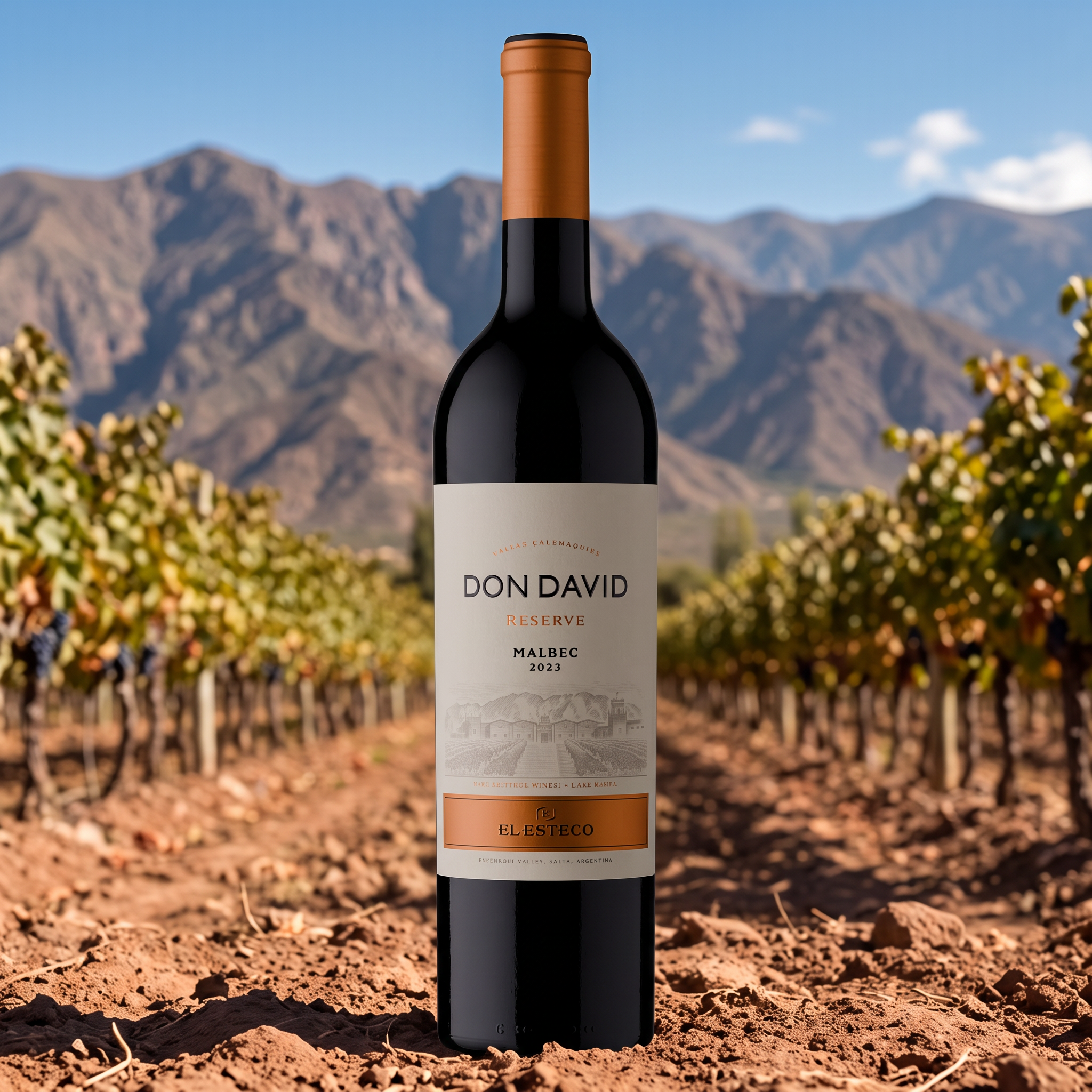 El Esteco Don David Malbec Reserva bottle in a high-altitude Cafayate vineyard