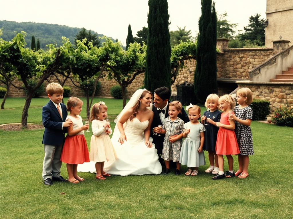 Bride and groom kneeling with younger nephews and nieces holding champagne glasses
