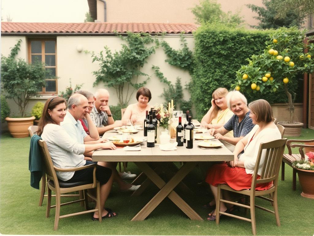 Relaxed Italian dinner party in a garden with friends and family